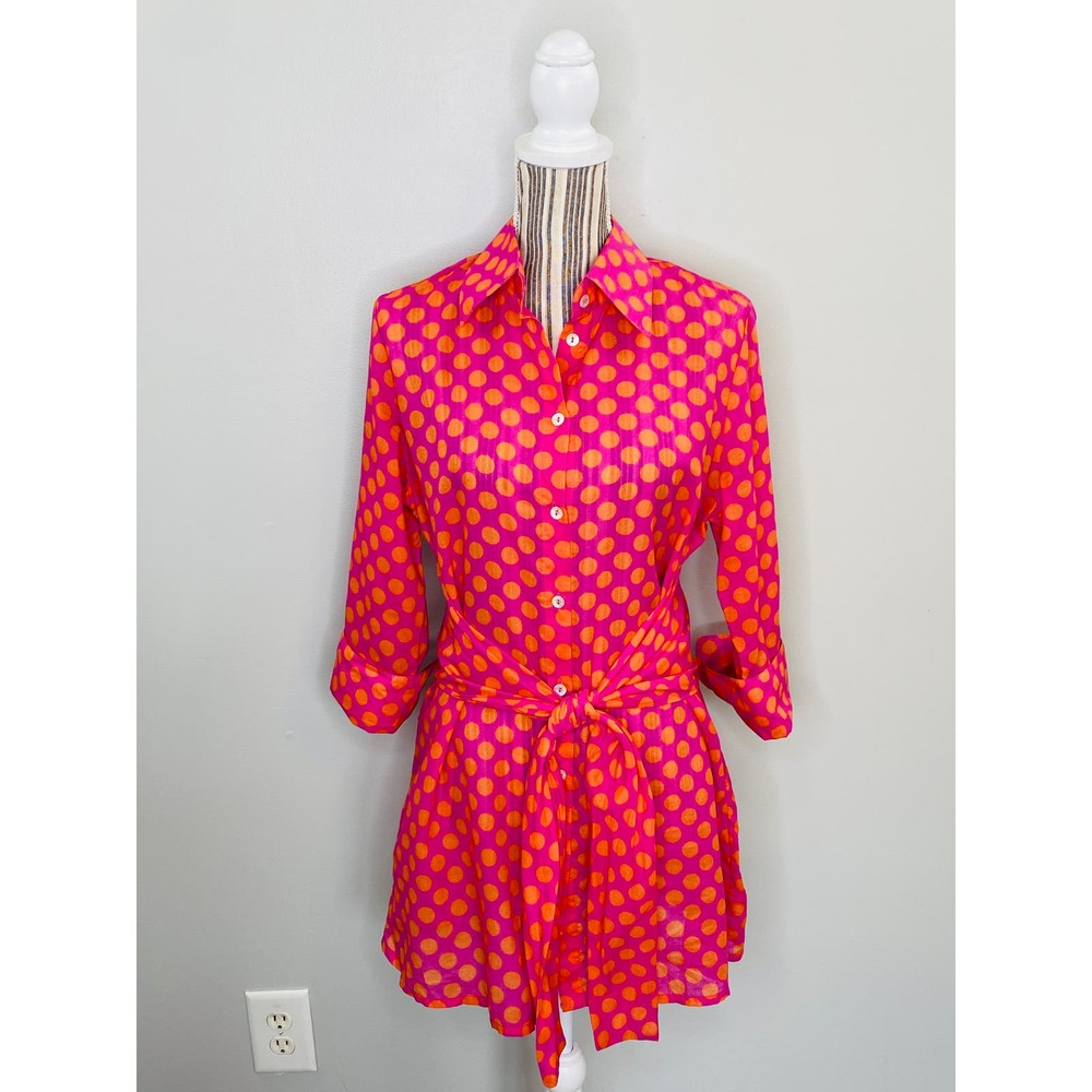 Farinaz Taghavi Polka Dot Tie Front Button Down Tunic Women 12 Maximalist Resort